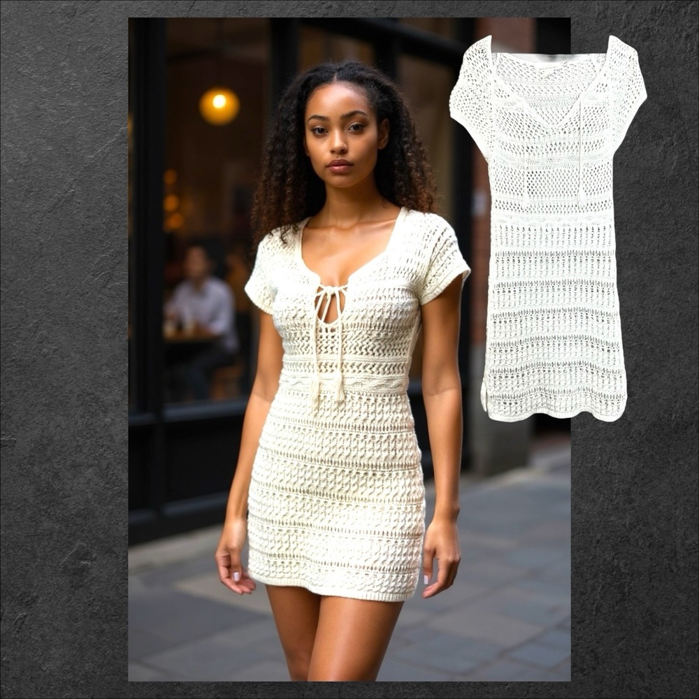 H&M L.O.G.G. Ivory Beach Cover-up Dress Women Open Knit Crochet Boho Size Lg NEW